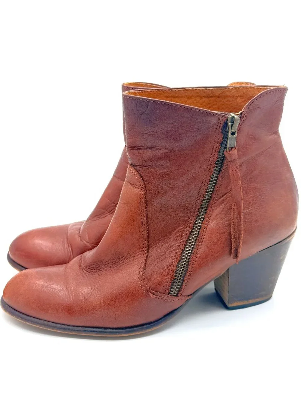 Women's Brown Leather Ankle Boots Block Heel Moto Boho Quiet Luxury w10 3964